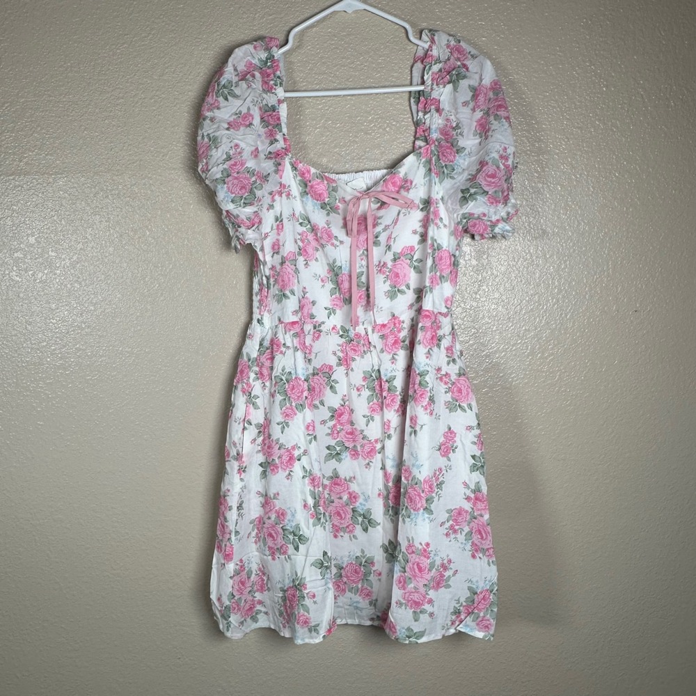 In February Floral Puff Sleeve Smocked Mini Dress Pink White Cottagecore L NWT